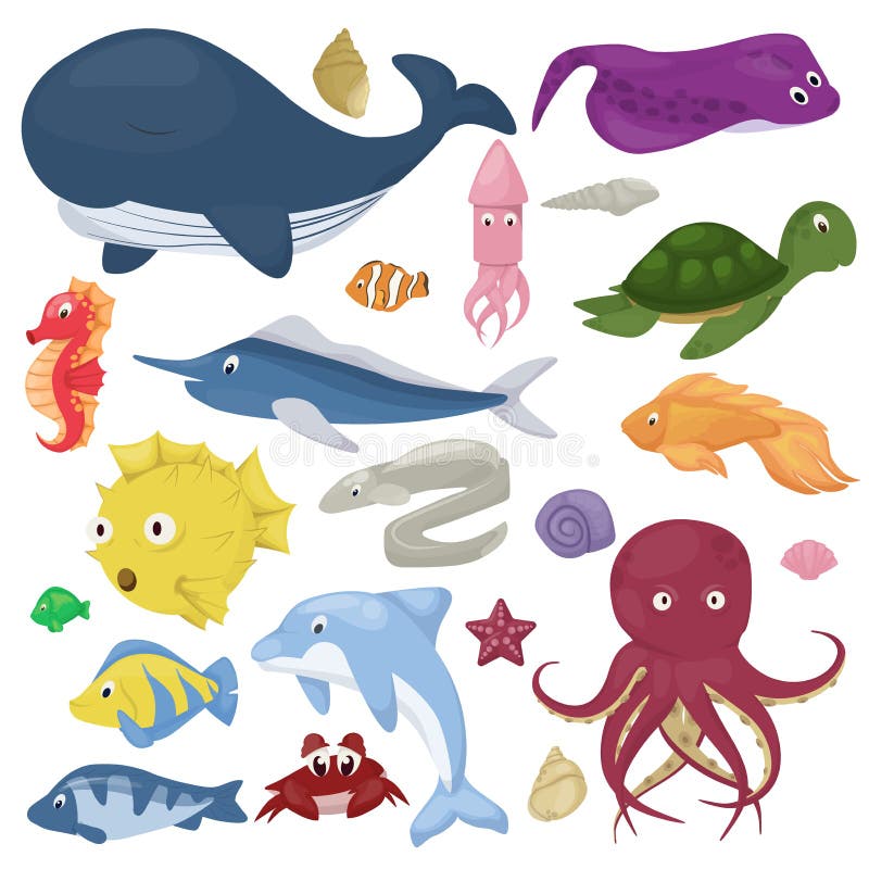Os animais de mar vector a vida aquática marinha do caráter da água submarina da ilustração dos desenhos animados dos peixes do o ilustração stock Os animais de mar vector a vida aquática marinha do caráter da água submarina da ilustração dos desenhos animados dos peixes do o ilustração stock