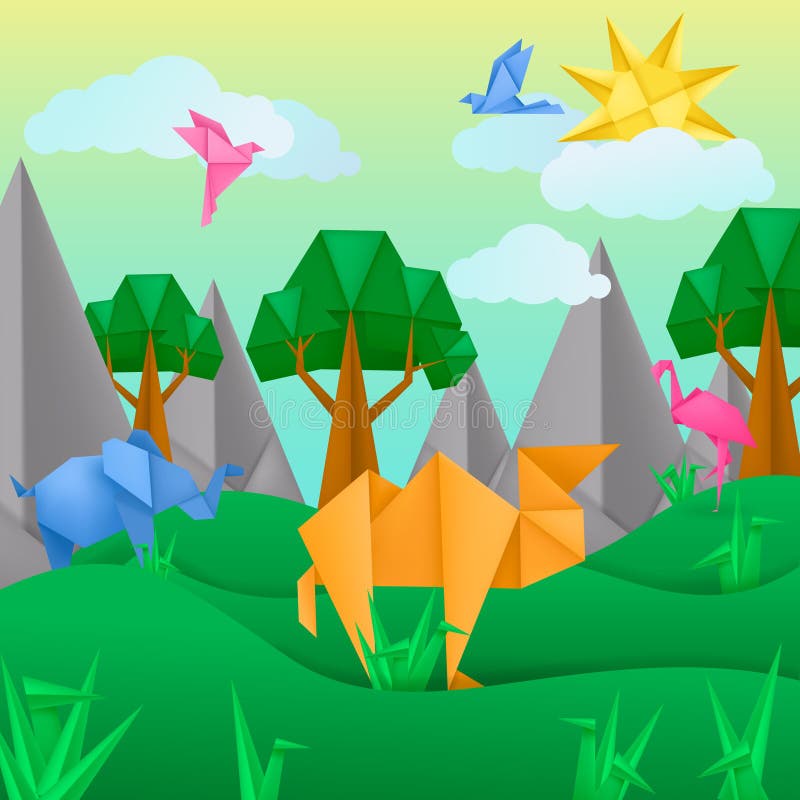Os animais de papel do origâmi ajardinam o fundo do papel da aplicação ilustração royalty free Os animais de papel do origâmi ajardinam o fundo do papel da aplicação ilustração royalty free