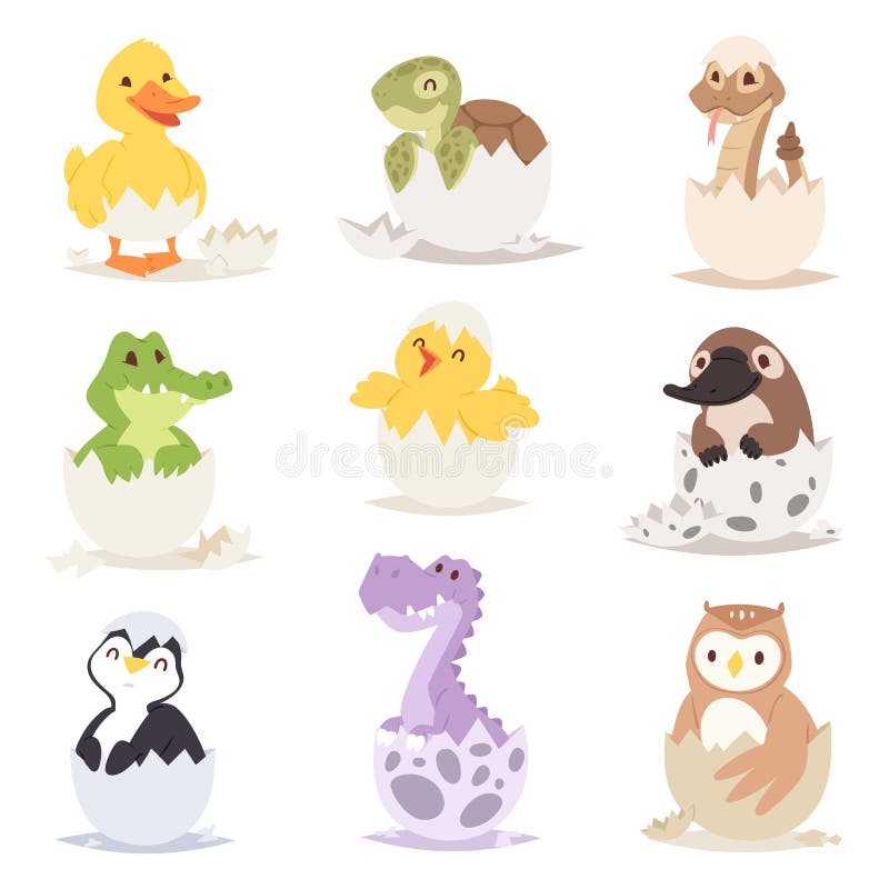 Os animais recém-nascidos bonitos nos ovos easter cultivam a criatura do feriado pouca vida e os jovens descascam o aniversário p ilustração stock Os animais recém-nascidos bonitos nos ovos easter cultivam a criatura do feriado pouca vida e os jovens descascam o aniversário p ilustração stock