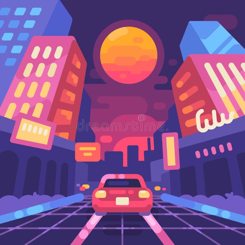 Os anos 80 de néon da rua da cidade da noite denominam a ilustração lisa Onda retro nova ilustração do vetor Os anos 80 de néon da rua da cidade da noite denominam a ilustração lisa Onda retro nova ilustração do vetor