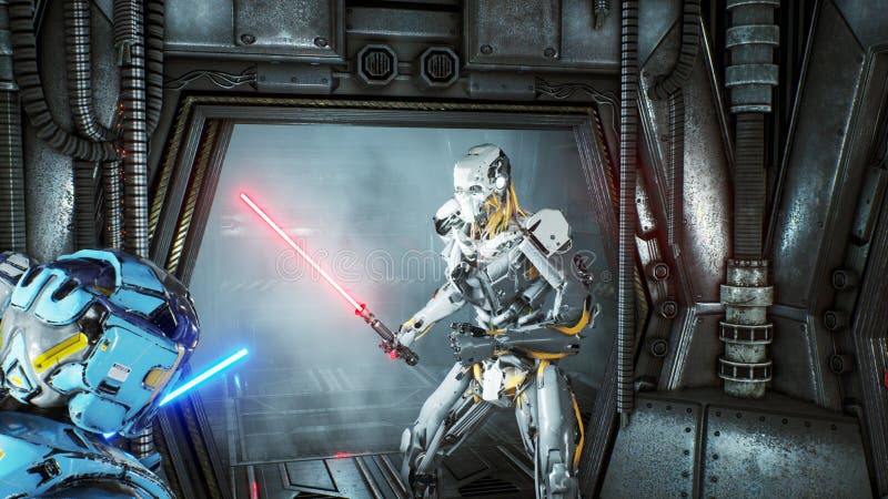 Os astronautas com espadas do laser esconderam em uma emboscada em um invasor estrangeiro do robô em sua nave espacial Conceito r ilustração do vetor Os astronautas com espadas do laser esconderam em uma emboscada em um invasor estrangeiro do robô em sua nave espacial Conceito r ilustração do vetor