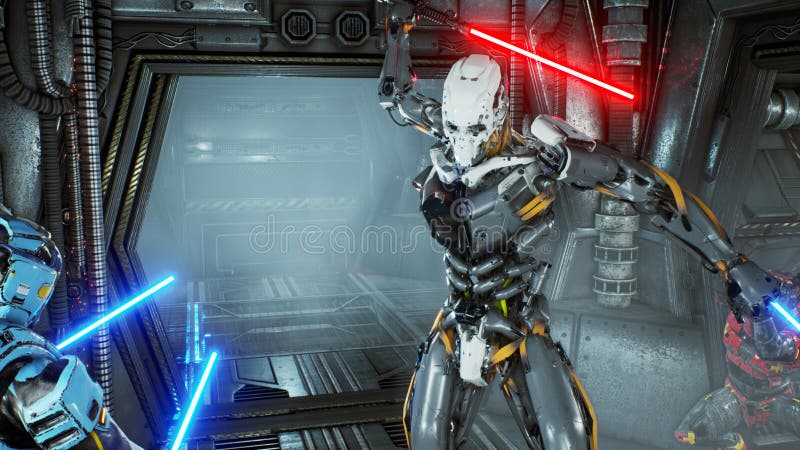 Os astronautas com espadas do laser esconderam em uma emboscada em um invasor estrangeiro do robô em sua nave espacial Conceito r ilustração stock Os astronautas com espadas do laser esconderam em uma emboscada em um invasor estrangeiro do robô em sua nave espacial Conceito r ilustração stock