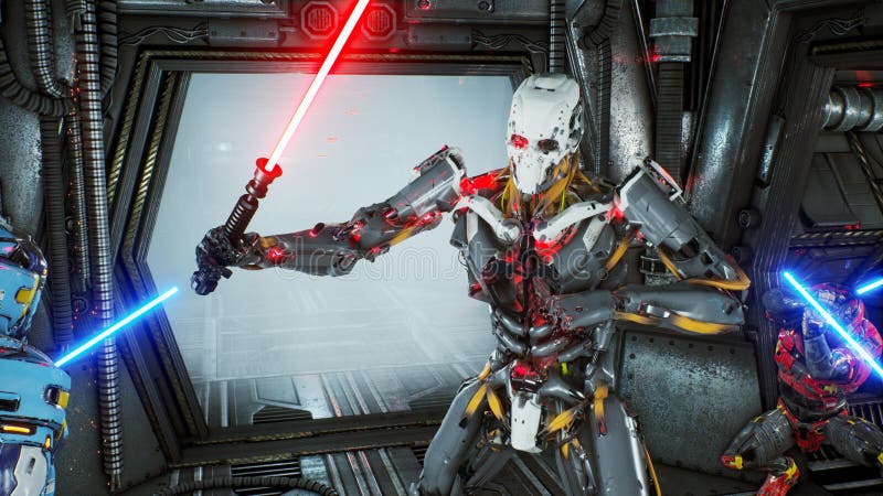 Os astronautas com espadas do laser esconderam em uma emboscada em um invasor estrangeiro do robô em sua nave espacial Conceito r ilustração do vetor Os astronautas com espadas do laser esconderam em uma emboscada em um invasor estrangeiro do robô em sua nave espacial Conceito r ilustração do vetor