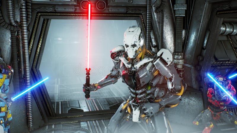 Os astronautas com espadas do laser esconderam em uma emboscada em um invasor estrangeiro do robô em sua nave espacial Conceito r ilustração do vetor Os astronautas com espadas do laser esconderam em uma emboscada em um invasor estrangeiro do robô em sua nave espacial Conceito r ilustração do vetor