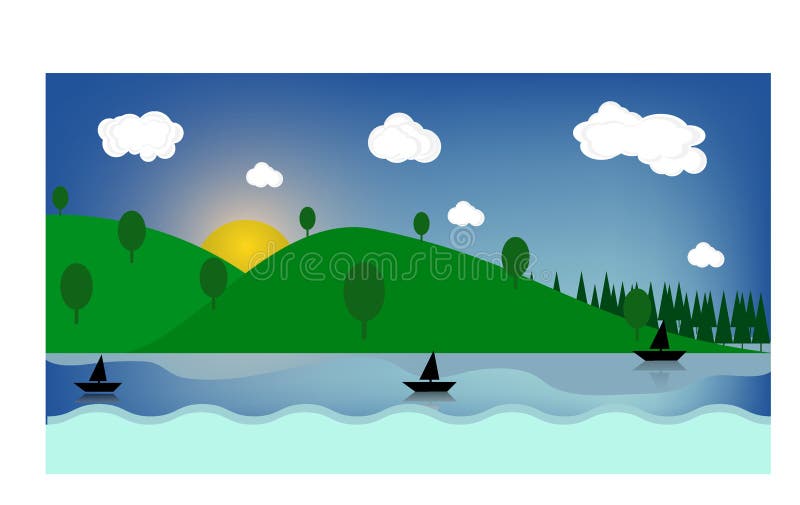 Os campos brilhantes do verão ensolarado colorido, montes ajardinam, grama verde, céu azul claro com nuvens e sol, illustrat liso ilustração stock Os campos brilhantes do verão ensolarado colorido, montes ajardinam, grama verde, céu azul claro com nuvens e sol, illustrat liso ilustração stock