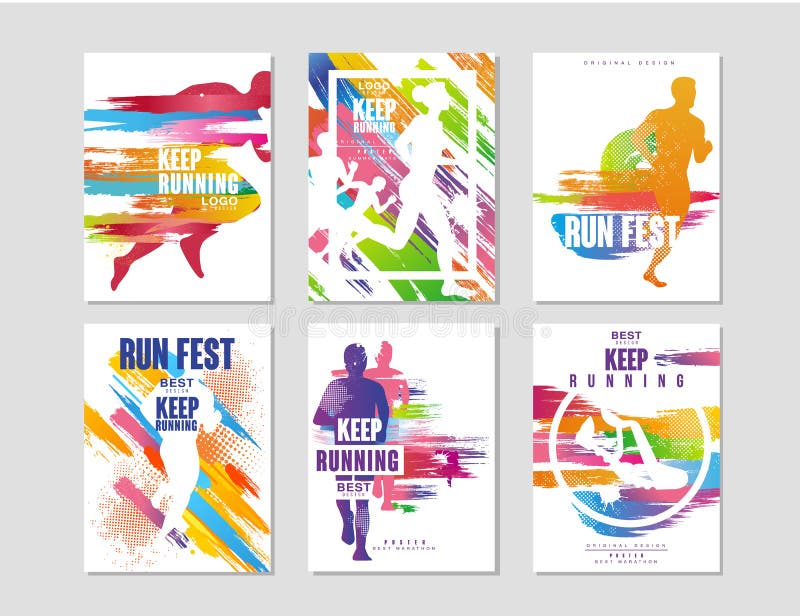 Os cartazes do fest da corrida conceito ajustam-se, dos esportes e dos competições, maratona running, elemento colorido do projet