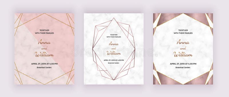 Os cartões do projeto geométrico com textura de mármore, aumentaram linhas poligonais quadros do ouro Os moldes na moda para a ba ilustração stock Os cartões do projeto geométrico com textura de mármore, aumentaram linhas poligonais quadros do ouro Os moldes na moda para a ba ilustração stock