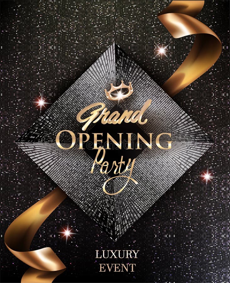 Os cartões elegantes do convite da grande inauguração com fita e círculo do ouro modelam o fundo