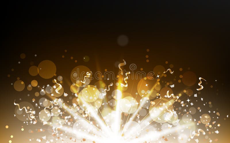 Os confetes da explosão dispersam com feixe luminoso, partículas do ouro, fitas, poeira, poeira de incandescência borrada, Bokeh ilustração do vetor Os confetes da explosão dispersam com feixe luminoso, partículas do ouro, fitas, poeira, poeira de incandescência borrada, Bokeh ilustração do vetor