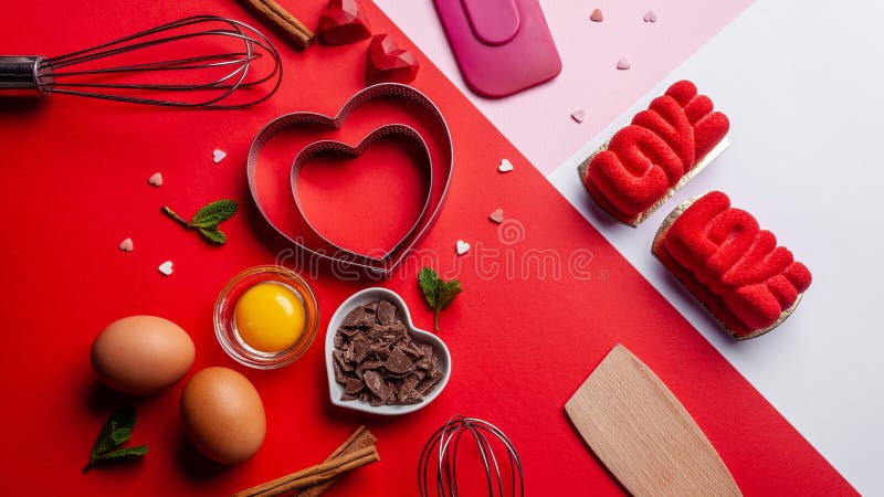 Os corações das bandejas moldam, batem, ovos, espátula de madeira e chocolate raspado Ingredientes a fazer o bolo festivo Bakewar imagem de stock royalty free Os corações das bandejas moldam, batem, ovos, espátula de madeira e chocolate raspado Ingredientes a fazer o bolo festivo Bakewar imagem de stock royalty free