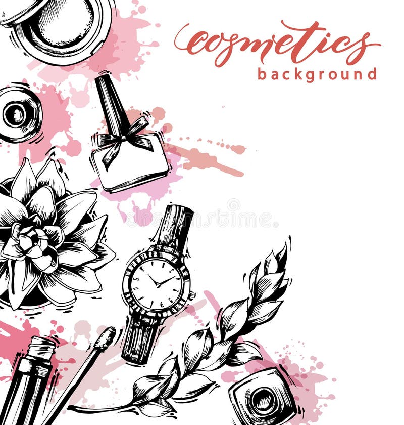 Os cosméticos e o fundo da forma com compõem objetos do artista: brilho do bordo, verniz para as unhas, o relógio das mulheres, e ilustração do vetor Os cosméticos e o fundo da forma com compõem objetos do artista: brilho do bordo, verniz para as unhas, o relógio das mulheres, e ilustração do vetor