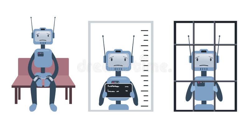 Os crimes cometidos pelo robô e pela inteligência artificial Robô na experimentação e atrás das barras Conceito, vetor ilustração royalty free Os crimes cometidos pelo robô e pela inteligência artificial Robô na experimentação e atrás das barras Conceito, vetor ilustração royalty free