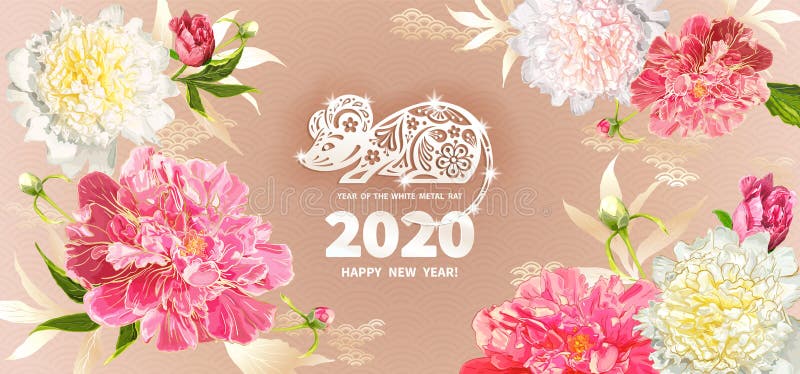 White Metal Rat is a symbol of the 2020 Chinese New Year. Greeting card in Oriental style with peonies flowers, leaves, buds, decorative elements around zodiac Sign of mouse on light beige background. White Metal Rat is a symbol of the 2020 Chinese New Year. Greeting card in Oriental style with peonies flowers, leaves, buds, decorative elements around zodiac Sign of mouse on light beige background