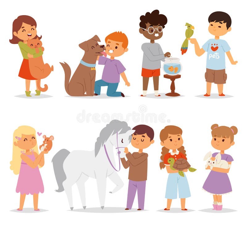 Os desenhos animados da criança caçoam o animal de estimação pequeno das trocas de carícias dos caráteres dentro e amigos amáveis ilustração royalty free Os desenhos animados da criança caçoam o animal de estimação pequeno das trocas de carícias dos caráteres dentro e amigos amáveis ilustração royalty free