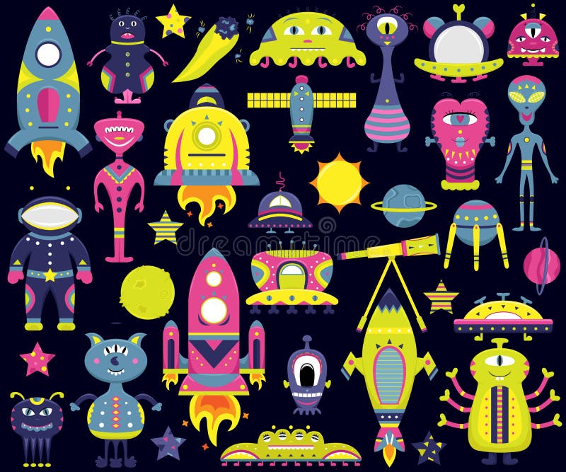 Os desenhos animados do vetor ajustados com estrangeiros lisos, naves espaciais, planetas ilustração stock Os desenhos animados do vetor ajustados com estrangeiros lisos, naves espaciais, planetas ilustração stock
