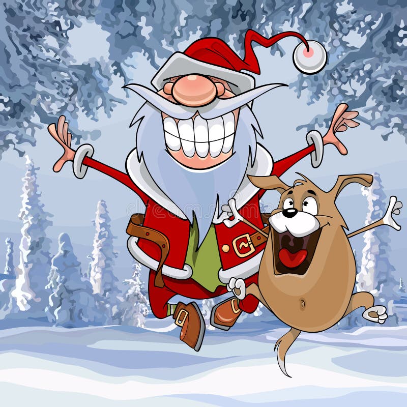 Cartoon Santa Claus happily bounces along with dog in winter forest. Cartoon Santa Claus happily bounces along with dog in winter forest