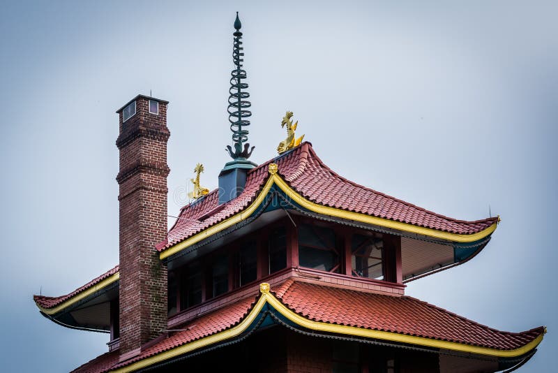 Os detalhes arquitetónicos do pagode na skyline conduzem, na leitura