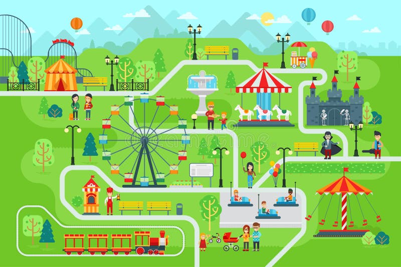 Amusement park map infographic elements in flat vector design. Happy people spend time relaxing in nature. Parents and children are walking in the park, attractions, castle, Ferris wheel, train, cars. Amusement park map infographic elements in flat vector design. Happy people spend time relaxing in nature. Parents and children are walking in the park, attractions, castle, Ferris wheel, train, cars.