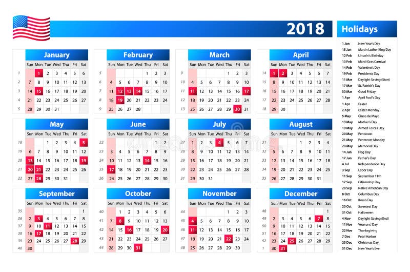 Os EUA calendar 2018 - os feriados oficiais e os dias detrabalho, semana começam em domingo ilustração do vetor Os EUA calendar 2018 - os feriados oficiais e os dias detrabalho, semana começam em domingo ilustração do vetor