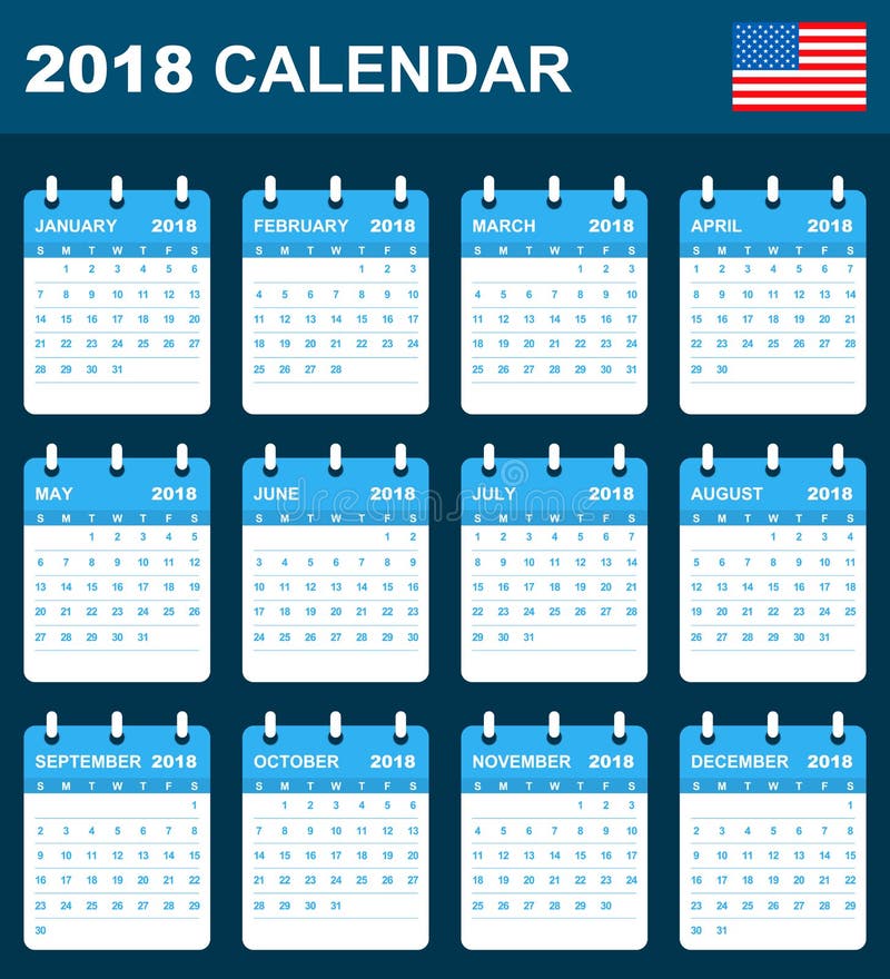Os EUA Calendar para 2018 Planificador, agenda ou molde do diário Começos da semana em domingo ilustração royalty free Os EUA Calendar para 2018 Planificador, agenda ou molde do diário Começos da semana em domingo ilustração royalty free