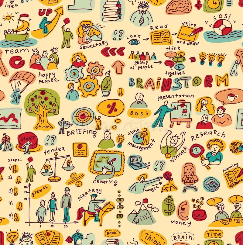 Os executivos criativos colorem objetos e o teste padrão sem emenda dos ícones ilustração royalty free Os executivos criativos colorem objetos e o teste padrão sem emenda dos ícones ilustração royalty free
