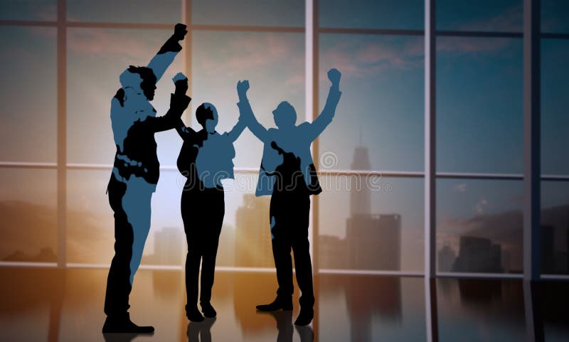 Os executivos da silhueta mostram que a mão comemora acima no conceito do escritório, do sucesso e dos trabalhos de equipe ilustração royalty free Os executivos da silhueta mostram que a mão comemora acima no conceito do escritório, do sucesso e dos trabalhos de equipe ilustração royalty free