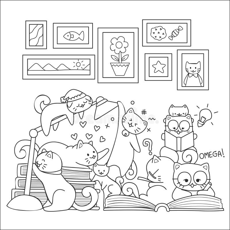 Gatinho estudando kawaii para colorir - Imprimir Desenhos em 2023