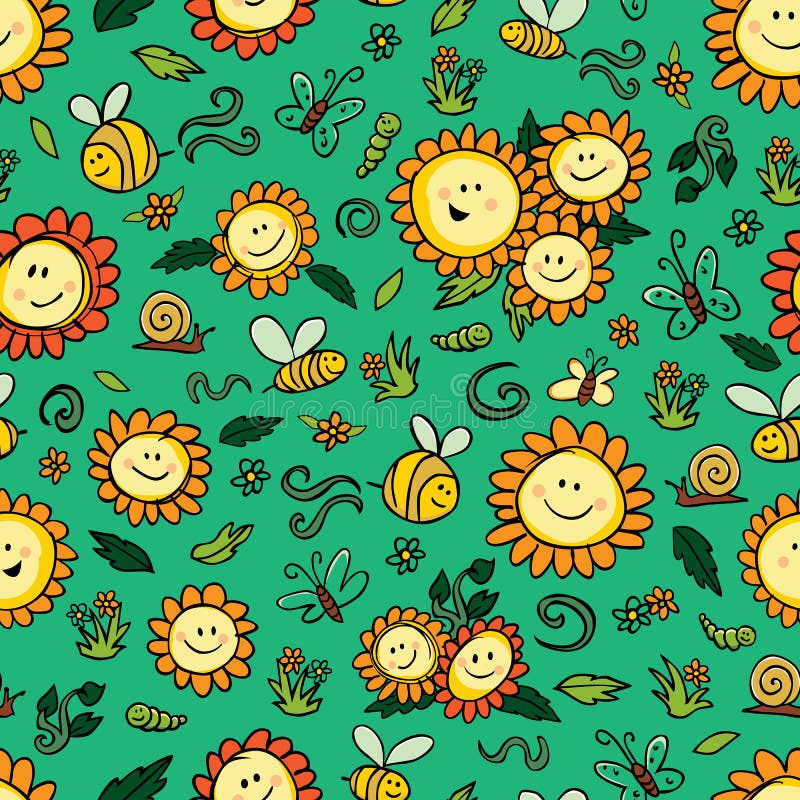 Os girassóis e as abelhas coloridos do vetor repetem o teste padrão com fundo verde Apropriado para o papel de embrulho, a matéri ilustração stock Os girassóis e as abelhas coloridos do vetor repetem o teste padrão com fundo verde Apropriado para o papel de embrulho, a matéri ilustração stock