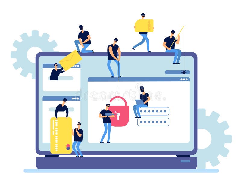 Os hacker roubam a informação Os criminosos do Cyber cortam dados pessoais do computador Segurança da Web e atividade do Internet ilustração stock Os hacker roubam a informação Os criminosos do Cyber cortam dados pessoais do computador Segurança da Web e atividade do Internet ilustração stock