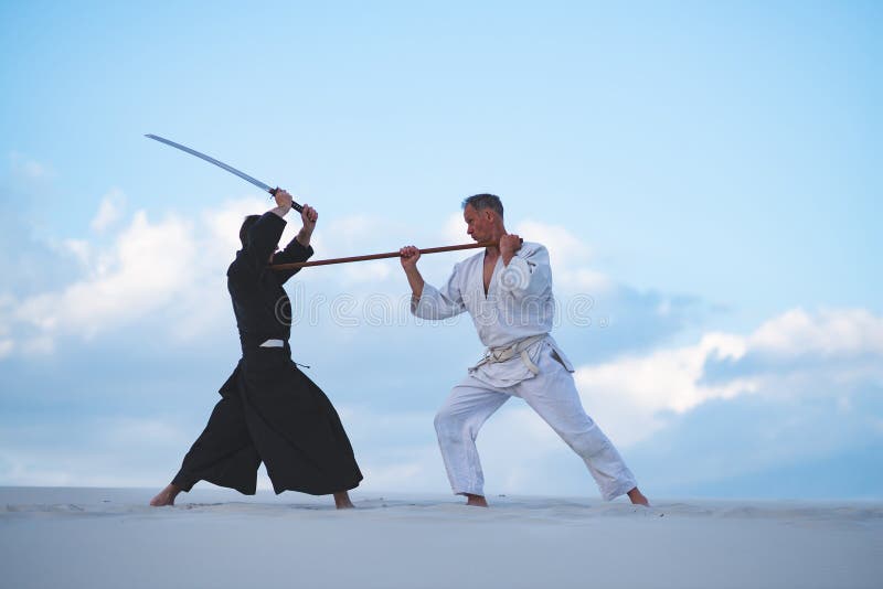 Os homens concentrados, na roupa japonesa, estão praticando artes marciais imagem de stock royalty free Os homens concentrados, na roupa japonesa, estão praticando artes marciais imagem de stock royalty free