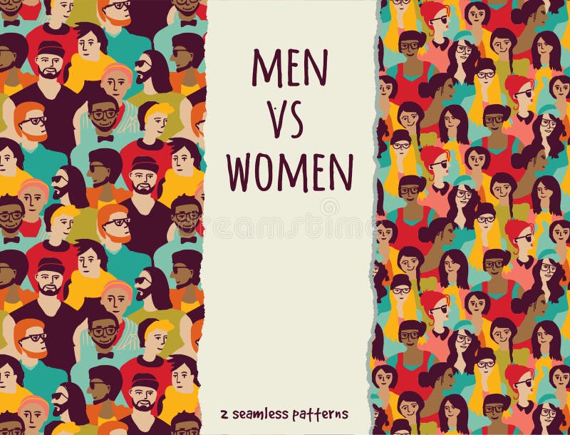 Os homens contra mulheres aglomeram testes padrões sem emenda da cor dos povos ilustração stock Os homens contra mulheres aglomeram testes padrões sem emenda da cor dos povos ilustração stock