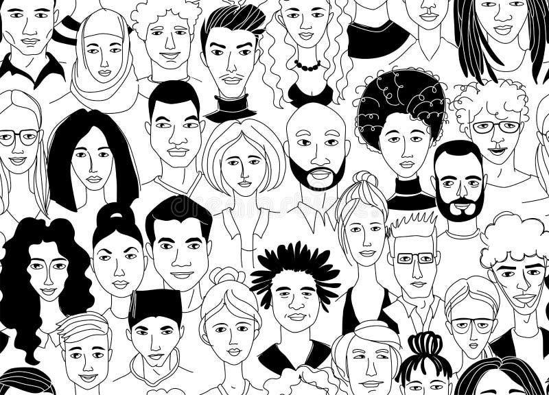 Os homens das mulheres diversas decorativas dirigem o fundo sem emenda do teste padrão Grupo multi-étnico ilustração stock Os homens das mulheres diversas decorativas dirigem o fundo sem emenda do teste padrão Grupo multi-étnico ilustração stock