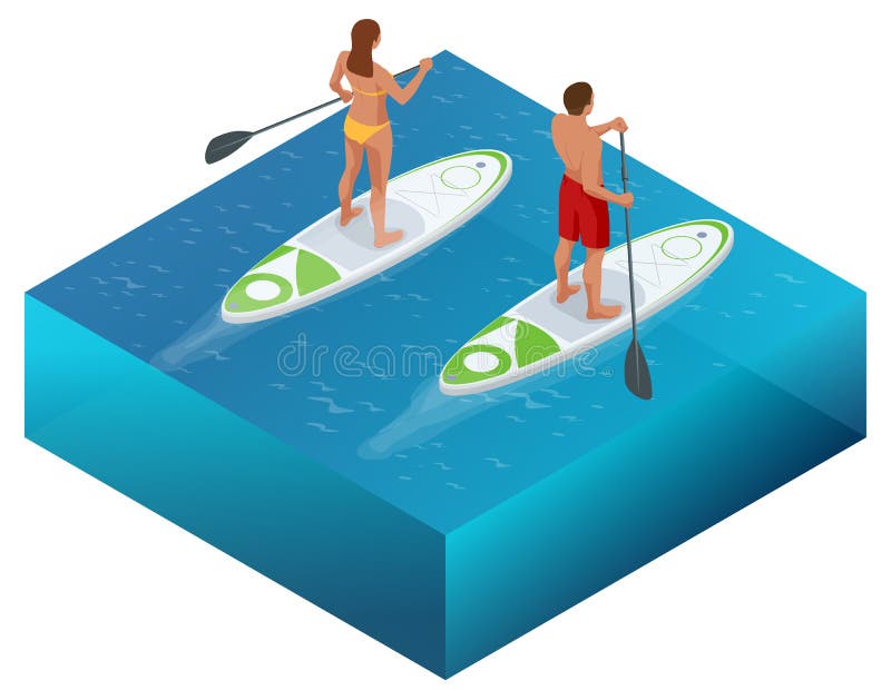 Os homens e as mulheres isométricos da praia de Paddleboard levantam-se sobre a prancha da placa de pá que surfa no mar do oceano ilustração do vetor Os homens e as mulheres isométricos da praia de Paddleboard levantam-se sobre a prancha da placa de pá que surfa no mar do oceano ilustração do vetor
