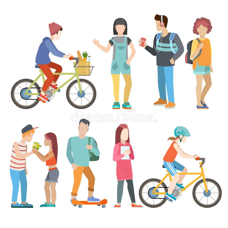 Casual urban young people bicycle skater student couple flat web infographic concept vector icon set. Group creative young male female city bicycle skate board couple dating student male female. Casual urban young people bicycle skater student couple flat web infographic concept vector icon set. Group creative young male female city bicycle skate board couple dating student male female.