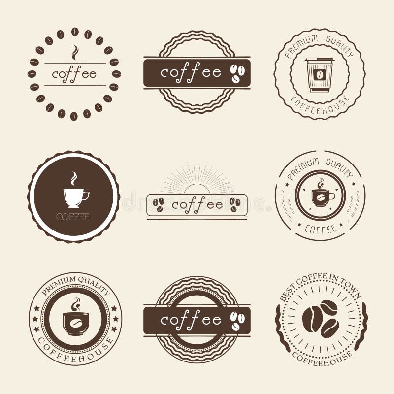 Os logotipos, os crachás e as etiquetas da cafetaria projetam o grupo de elementos