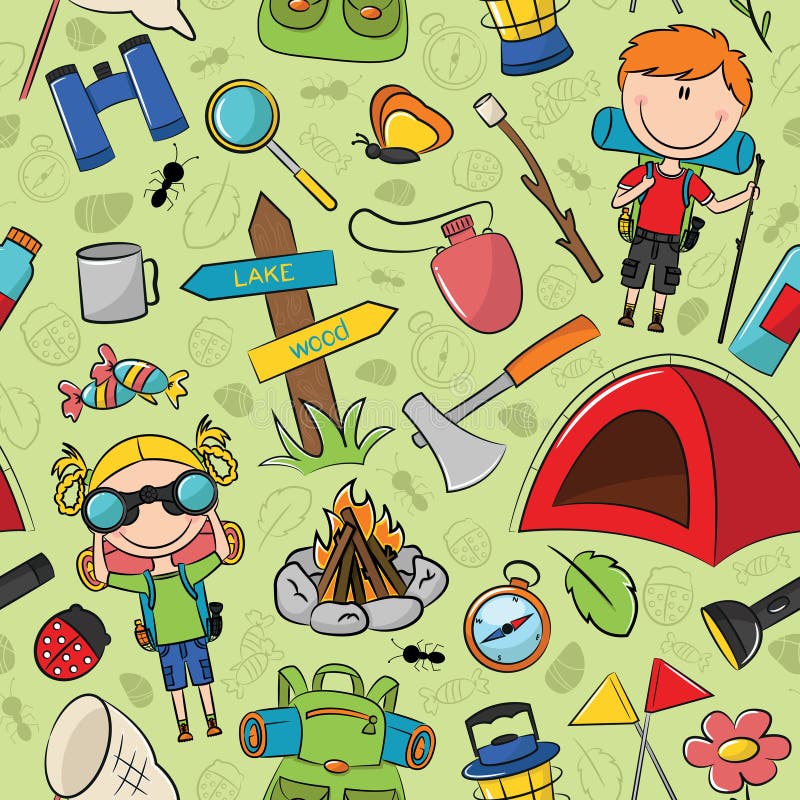 Os meninos e os escuteiros de Gils com ferramentas do curso vector o teste padrão sem emenda ilustração do vetor Os meninos e os escuteiros de Gils com ferramentas do curso vector o teste padrão sem emenda ilustração do vetor
