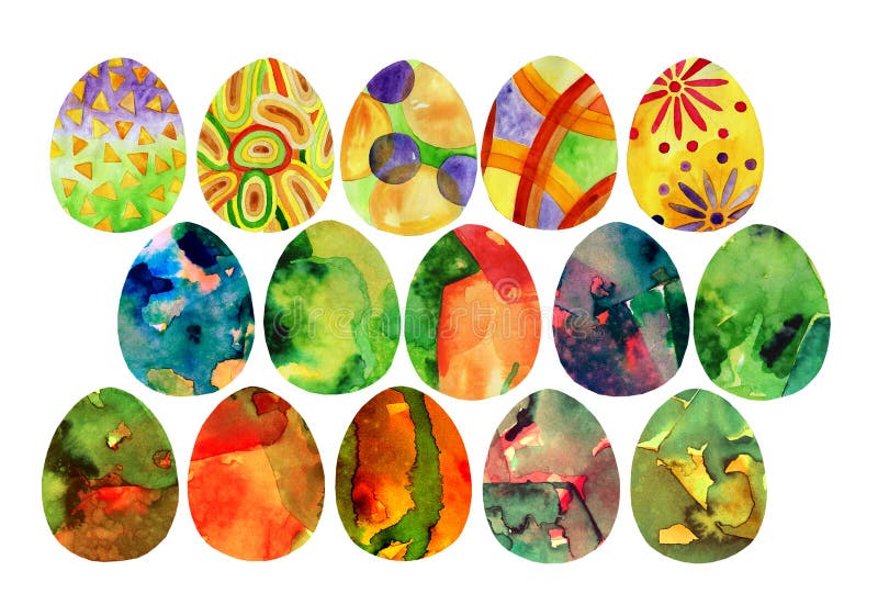 Os ovos decorativos da aquarela, decoração decorativa, texturas da mola da aquarela, grupo do tema dos ovos da páscoa, aquarela d ilustração stock Os ovos decorativos da aquarela, decoração decorativa, texturas da mola da aquarela, grupo do tema dos ovos da páscoa, aquarela d ilustração stock