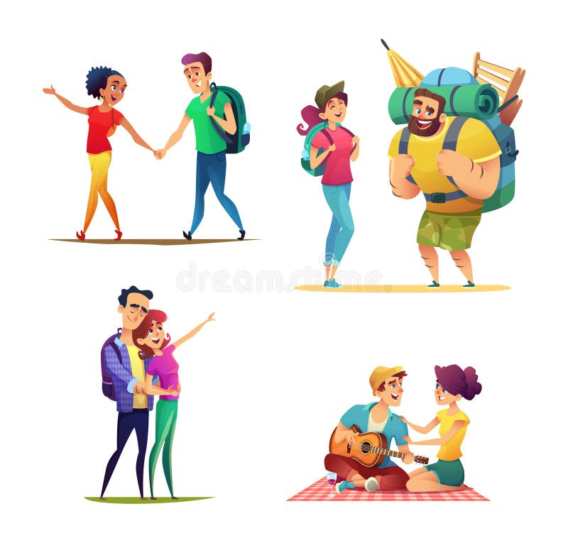 Os pares alegres felizes passam o tempo junto, andam, relaxam, têm o divertimento ilustração stock Os pares alegres felizes passam o tempo junto, andam, relaxam, têm o divertimento ilustração stock