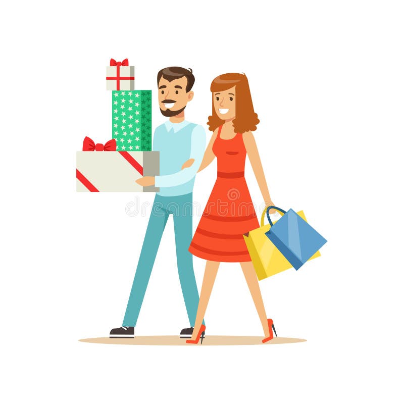 Os pares felizes da família que andam com caráter colorido dos sacos de compras e das caixas de presente vector a ilustração ilustração stock Os pares felizes da família que andam com caráter colorido dos sacos de compras e das caixas de presente vector a ilustração ilustração stock