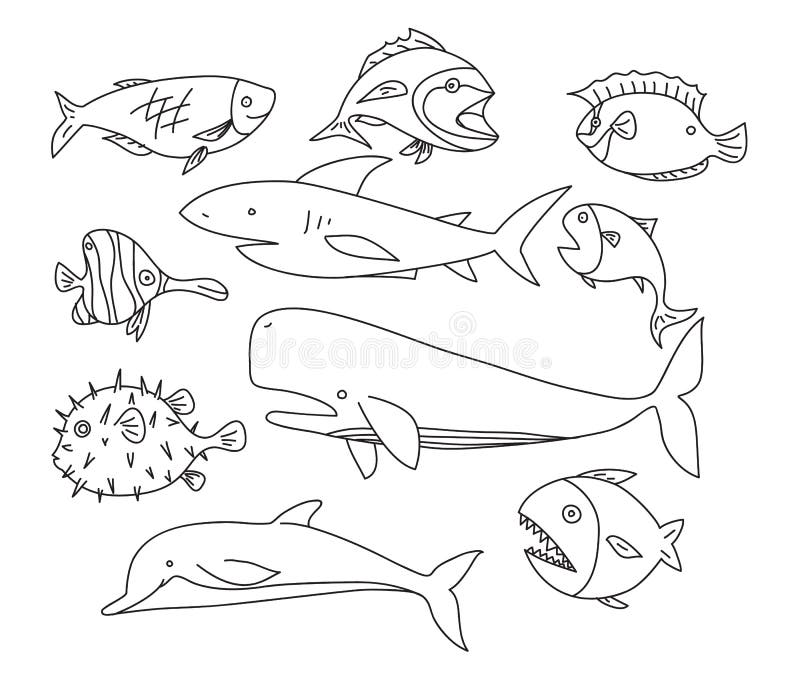 Os peixes entregam a linha tirada arte do vetor ilustração ajustada da arte dos ícones ilustração royalty free Os peixes entregam a linha tirada arte do vetor ilustração ajustada da arte dos ícones ilustração royalty free