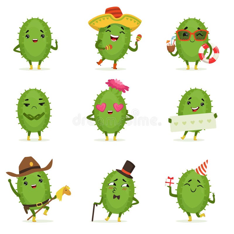 Os personagens de banda desenhada bonitos do cacto ajustaram-se, atividades dos cactos com emoções diferentes e poses, vetor deta ilustração do vetor Os personagens de banda desenhada bonitos do cacto ajustaram-se, atividades dos cactos com emoções diferentes e poses, vetor deta ilustração do vetor