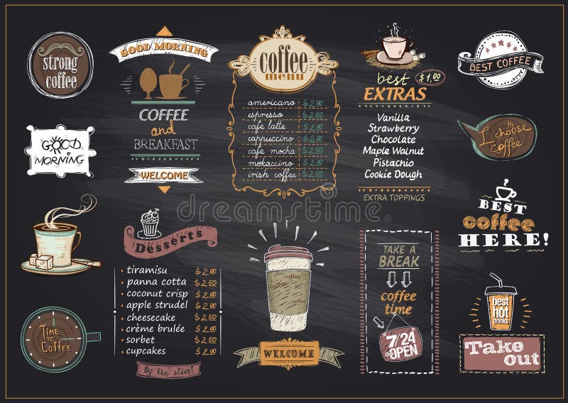Os projetos da lista do menu do café e das sobremesas do quadro ajustaram-se para o café ou o restaurante