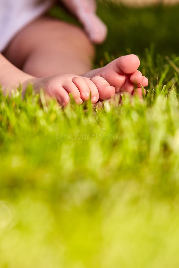 Os pés do bebê na grama verde no verão aquecem o dia no parque da cidade fotos de stock Os pés do bebê na grama verde no verão aquecem o dia no parque da cidade fotos de stock