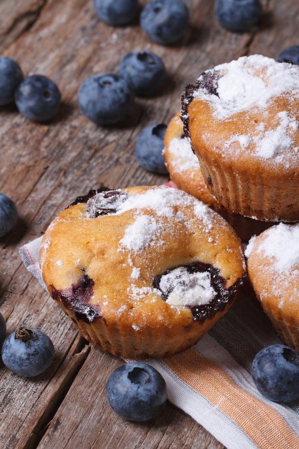 Muffins deliciosos com mirtilos em close-up vertical fotografia de stock