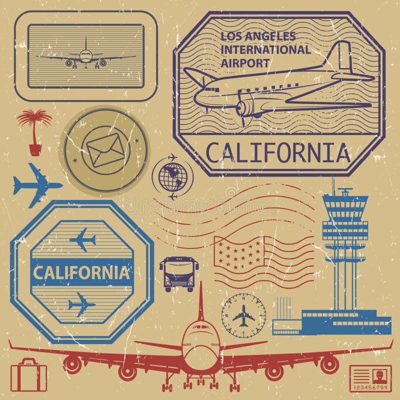 Os selos retros do aeroporto dos EUA ajustaram-se, tema de Los Angeles, Califórnia ilustração royalty free Os selos retros do aeroporto dos EUA ajustaram-se, tema de Los Angeles, Califórnia ilustração royalty free