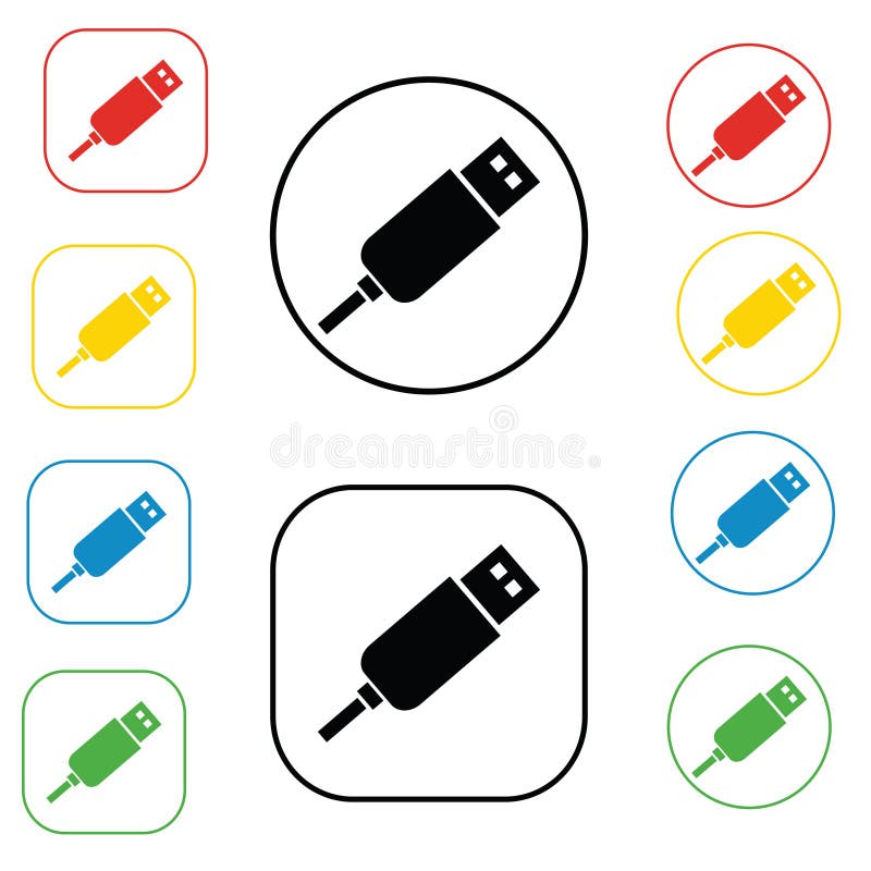 Os sinais do conector de USB ajustaram-se, nos círculos coloridos, isolados no branco Ilustração lisa do projeto Ícone do sinal d ilustração stock Os sinais do conector de USB ajustaram-se, nos círculos coloridos, isolados no branco Ilustração lisa do projeto Ícone do sinal d ilustração stock