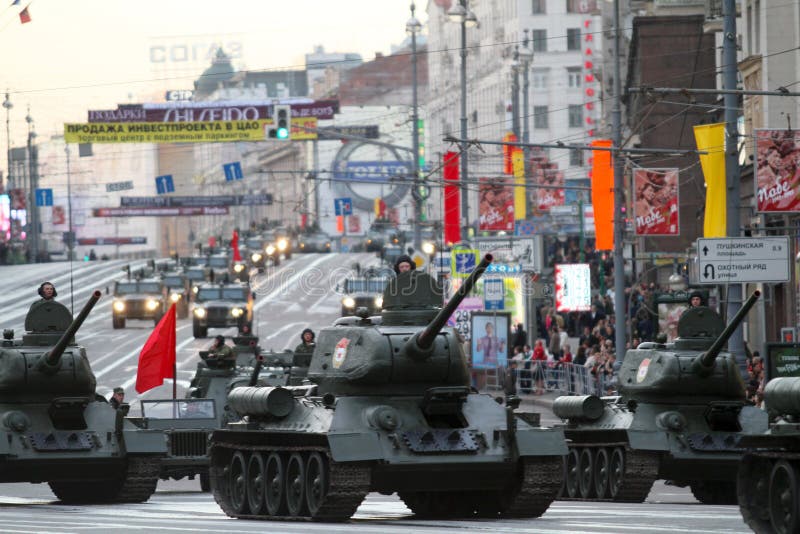 Russian tanks roll down Tverskaya street during a rehearsal for the Victory Day military parade which will take place at Moscow's Red Square on May 9 to celebrate 65 years of the victory in WWII, in downtown Moscow, Russia. Russian tanks roll down Tverskaya street during a rehearsal for the Victory Day military parade which will take place at Moscow's Red Square on May 9 to celebrate 65 years of the victory in WWII, in downtown Moscow, Russia