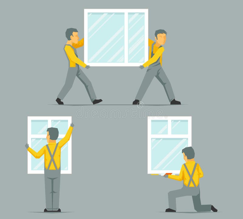 Os trabalhadores instalam levam as janelas da casa que constroem os ícones de vidro a ilustração lisa ajustada do vetor do molde ilustração stock Os trabalhadores instalam levam as janelas da casa que constroem os ícones de vidro a ilustração lisa ajustada do vetor do molde ilustração stock