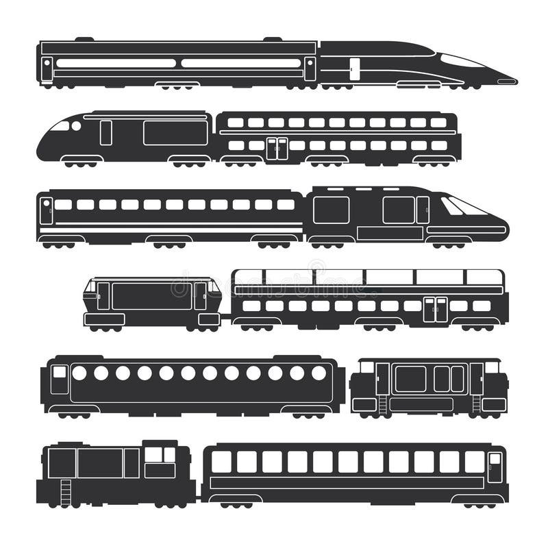 Os trens e os vagões enegrecem silhuetas railway do transporte da carga e do passageiro do vetor ilustração royalty free Os trens e os vagões enegrecem silhuetas railway do transporte da carga e do passageiro do vetor ilustração royalty free