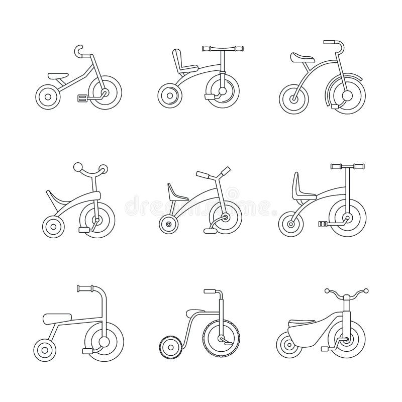 Os ícones da roda da bicicleta da bicicleta do triciclo ajustam, esboçam o estilo ilustração do vetor Os ícones da roda da bicicleta da bicicleta do triciclo ajustam, esboçam o estilo ilustração do vetor